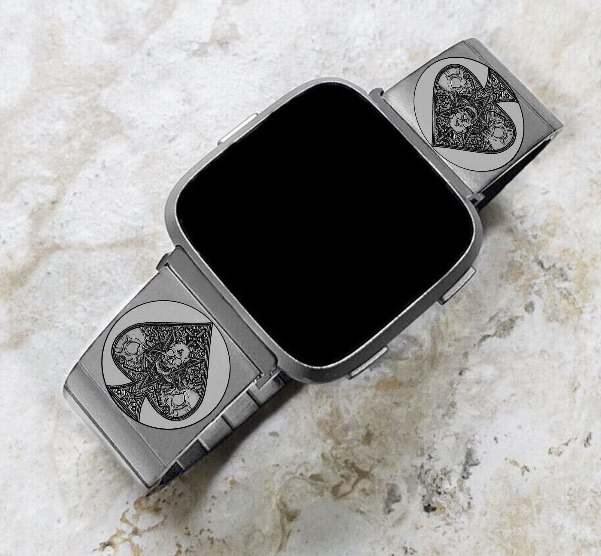 Fitbit Watch Band Ace of Spades Compatible with Versa Lite 2 3 4 and Sense 1 2 Smartwatches Engraved Silver Stainless Steel Strap AS2